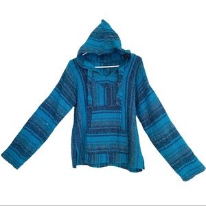 Baja Mexico Hoodie Hippie Surf Sweatshirt Pullover Blue Striped Unisex Medium